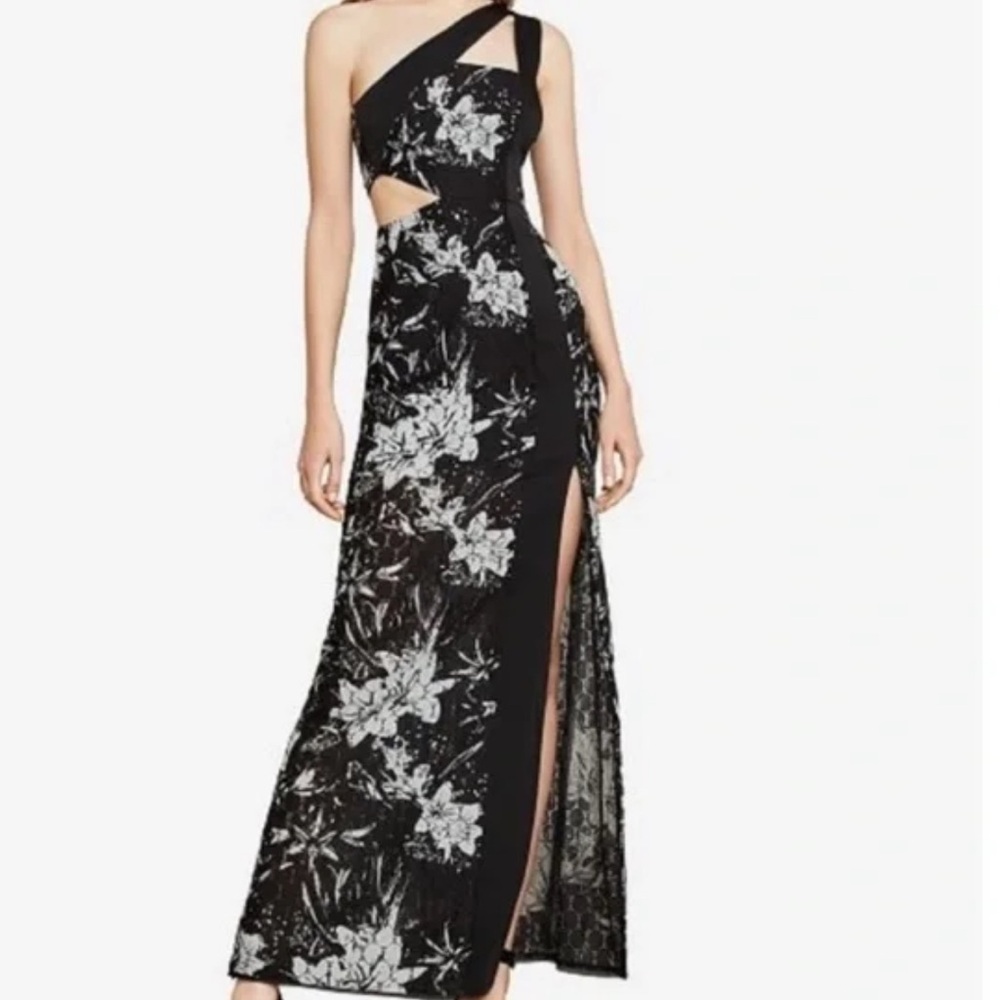 BCBGMaxAzria One Shoulder Floral Lace Gown. Perfect for any occasion.